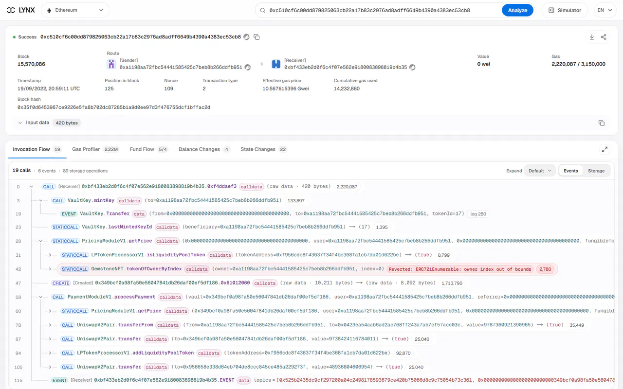 Lynx Invocation Flow showing the execution trace of a real Ethereum transaction