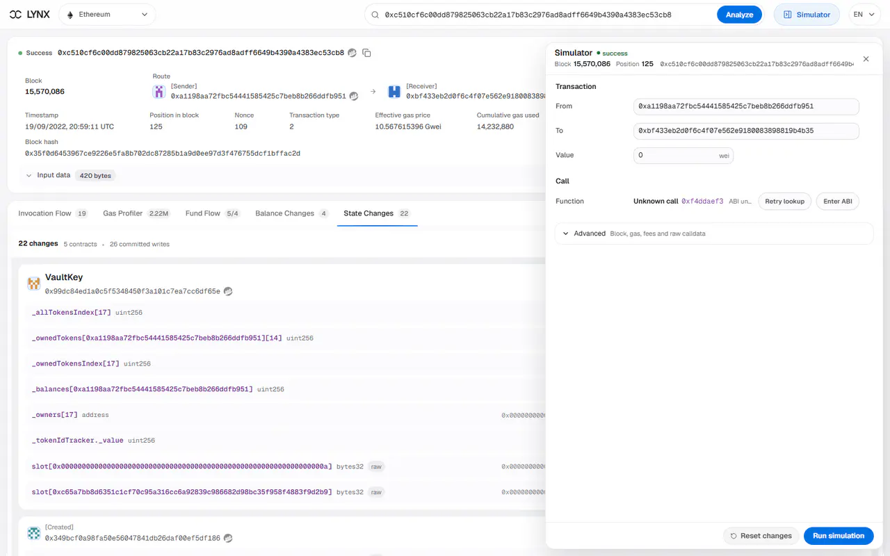 Lynx Simulator beside real State Changes for an Ethereum transaction